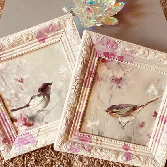 NWT Two 9x9” Delightful Framed Bird Wall Art Paints- Mauve Pinks & Bright White - Picture 13 of 16
